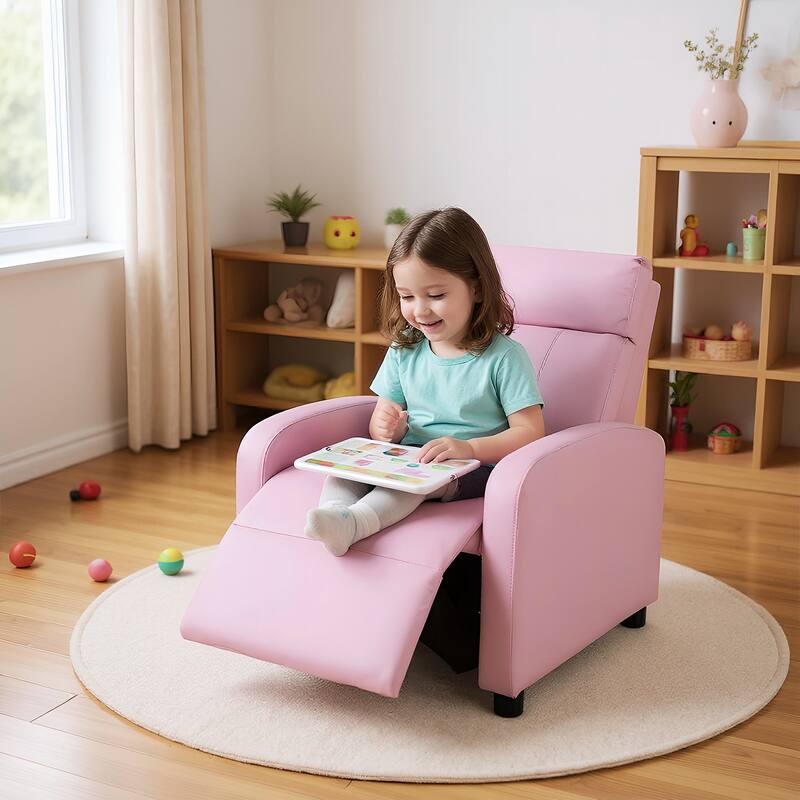 Pink Adjustable Reclining PU Leather Cushion Seat Chair for Kids with Footrest and Storage Pocket