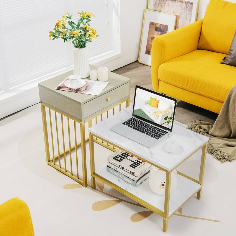 Costway Set of 2 Nesting Coffee Table Drawer Shelf Modern Sofa Side