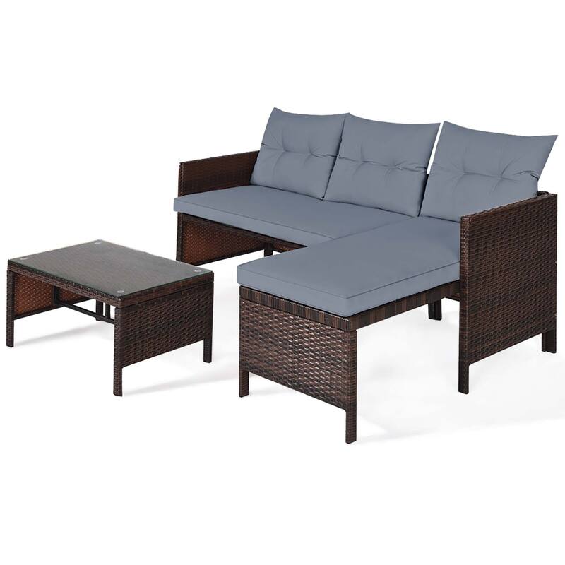 3 Pieces Outdoor Furniture Set Rattan Wicker Sofa Table Garden Patio - Grey
