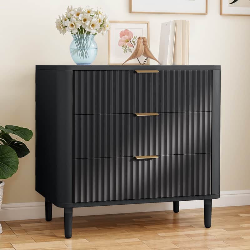 3 Drawer Dresser Storage Dresser Chest of Drawers with Waveform Panel Wood - Black - 3-drawer