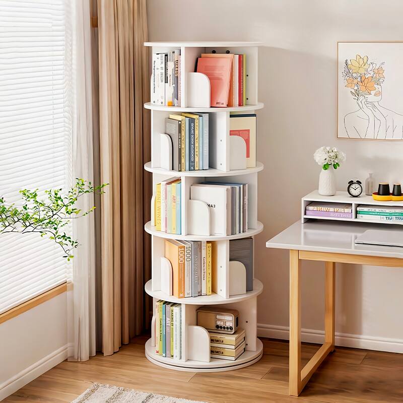 Anmytek 5-Tier Rotating Bookshelf on Wheels 360-Degree Spinning Tower for Small Space Bedroom Living Room Warm White