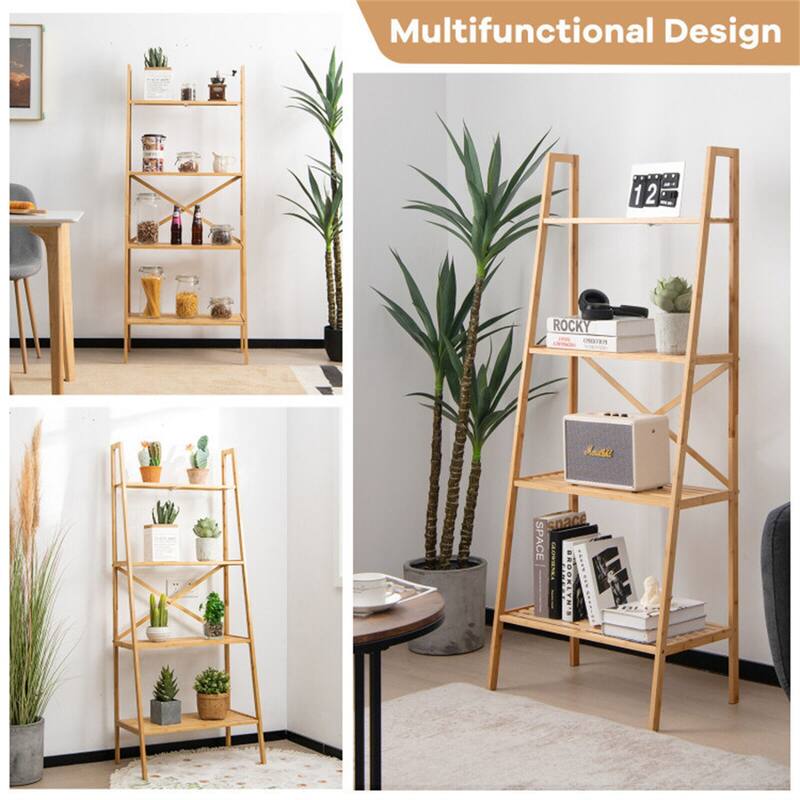 58 Inch 4-Tier Bamboo Ladder Bookshelf