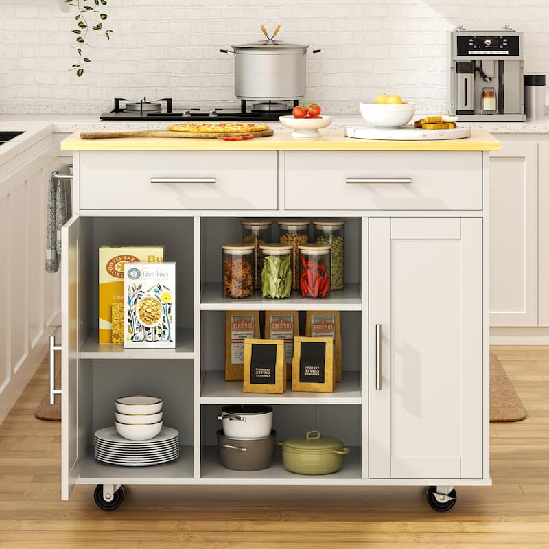Rolling Kitchen Island with Storage Cabinet & Drawers - Rubber Wood Top for Dining & Kitchen Storage