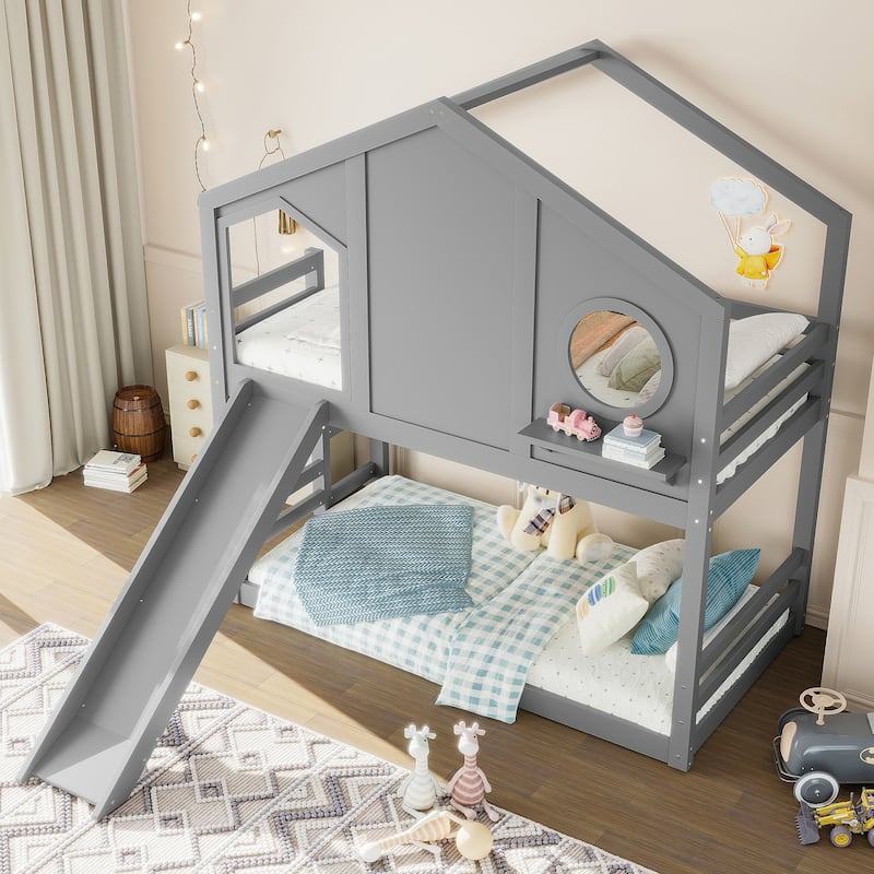 Twin House Bunk Bed with Slide & Storage Shelves - Solid Wood, Childlike Design, Window - Grey - Twin