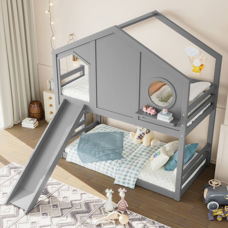 Twin House Bunk Bed with Slide and Storage Shelves, Solid Wood House Loft Bed with Window, Childlike Design - Gray