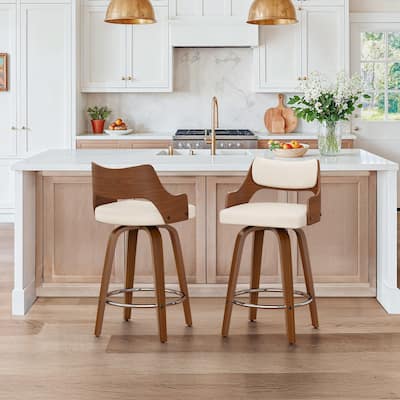 Set of 2 Modern Swivel Bar Stools with Curved Wood Back Upholstered Armrest Counter Stool