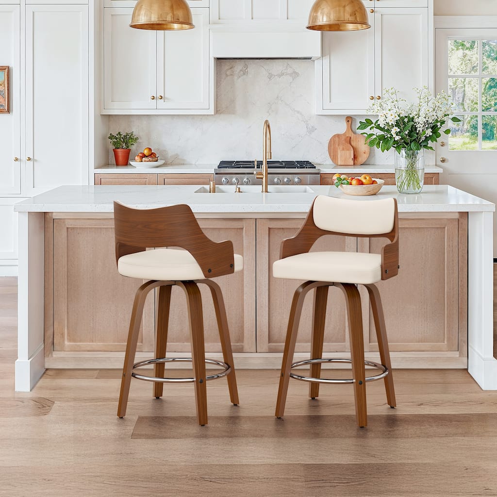 Set of 2 Modern Swivel Bar Stools with Curved Wood Back Upholstered Armrest Counter Stool