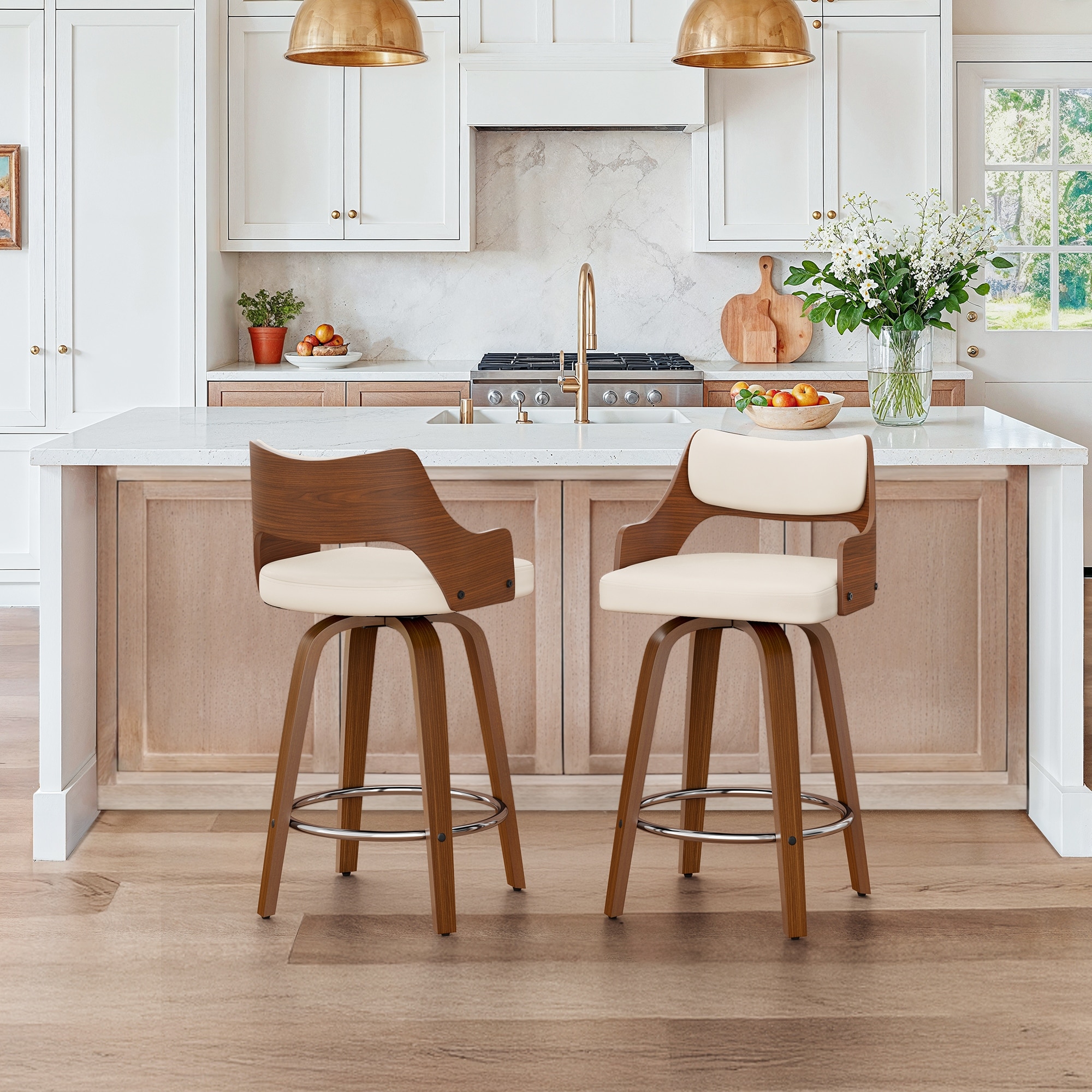 Set of 2 Modern Swivel Bar Stools with Curved Wood Back Upholstered Armrest Counter Stool