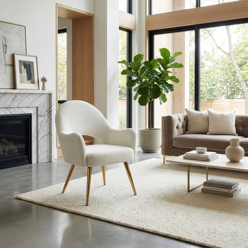 Azael White Boucle Accent Chair with Gold Legs