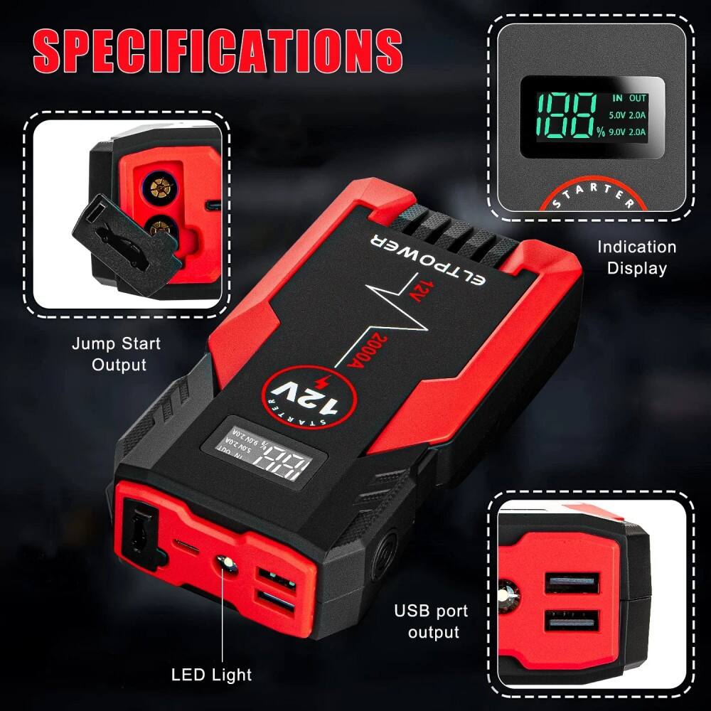2000A Portable Car Jump Starter, Dual USB QC3.0 Fast Charge