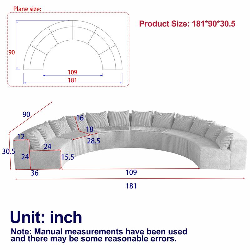 Oversized Curved Sectional Sofa Semi Circula Modular Couch Corduroy Upholstered Single Sofa Set of 6 - Free Collocation