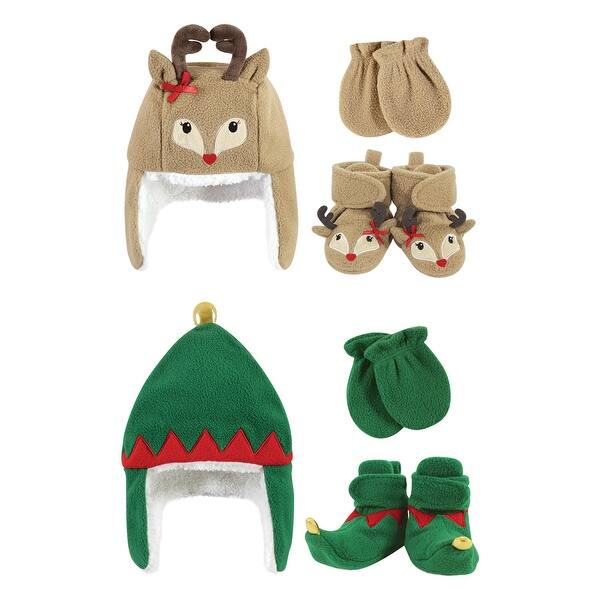 slide 1 of 1, Hudson Baby Girl 6Pc Trapper Hat, Mitten and Bootie Set, Green Elf Girl Reindeer Green Elf Girl Reindeer - 0-6 Months