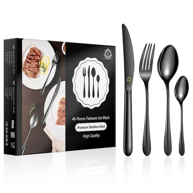 vancasso 18/10 Stainless Steel Silverware Set, Flatware Service for 6 or 12 - 48-Piece - Black