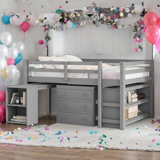 Full Size Loft Bed With Cabinet,Shelves And Rolling Portable Desk