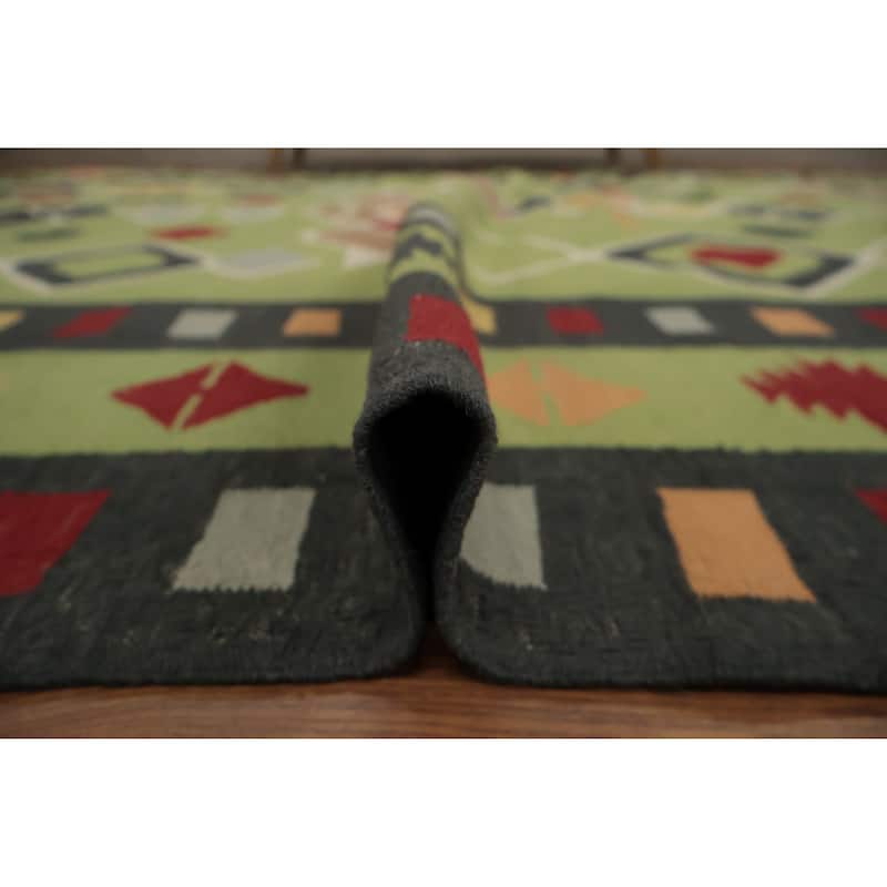Hand Woven Oriental 100% Wool Carpet Southwestern Tribal Green Kilim Area Rug - 13' 2'' X 8' 7''
