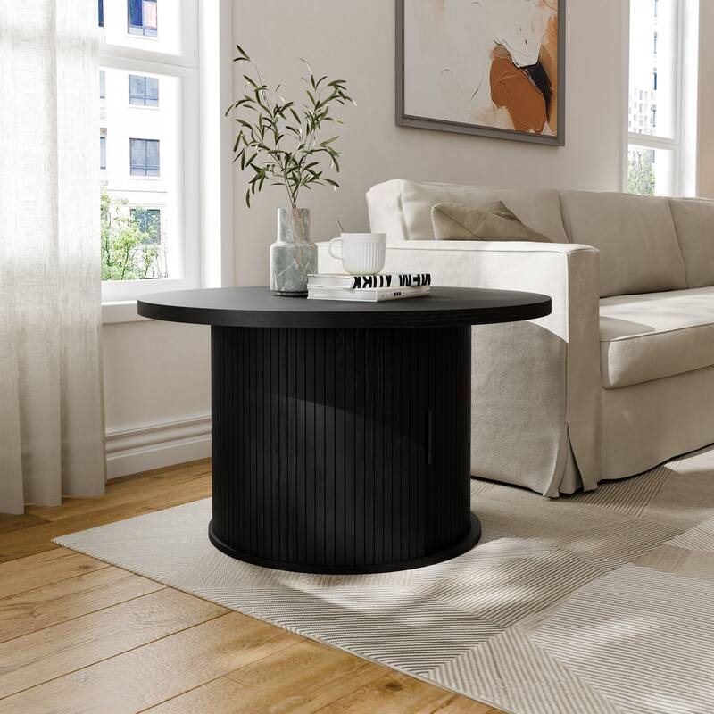 Mid Century Modern Round Coffee Table with Storage, Tambour Door Design Table for Living Room