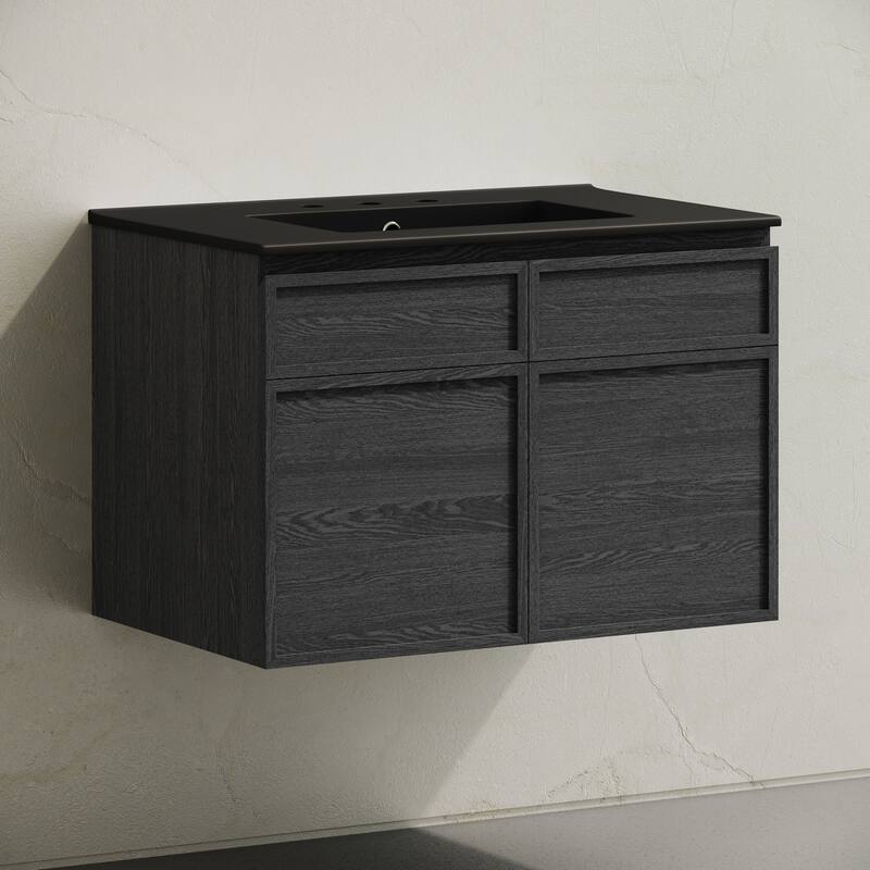 St. Tropez 30" Wall-Mounted Bathroom Vanity In Black Oak With Black 3-Hole Widespread Sink Top - 30