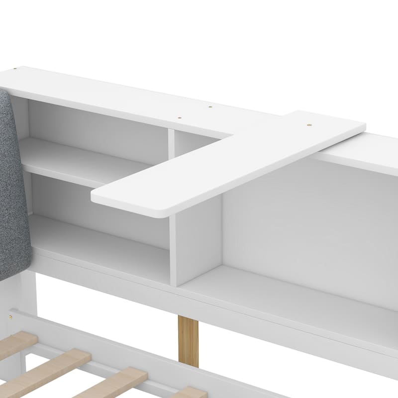 Wood Twin Size platform bed with Storage Headboard, Shelves and 2 Drawers, White