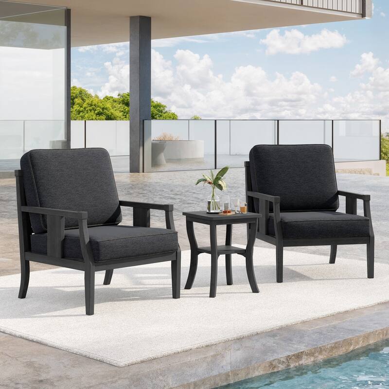 3-Piece Teak Wood Outdoor Armchair Set with Side Table, Cushions, Patio Seating Sets - Dark Wood - Dark Grey