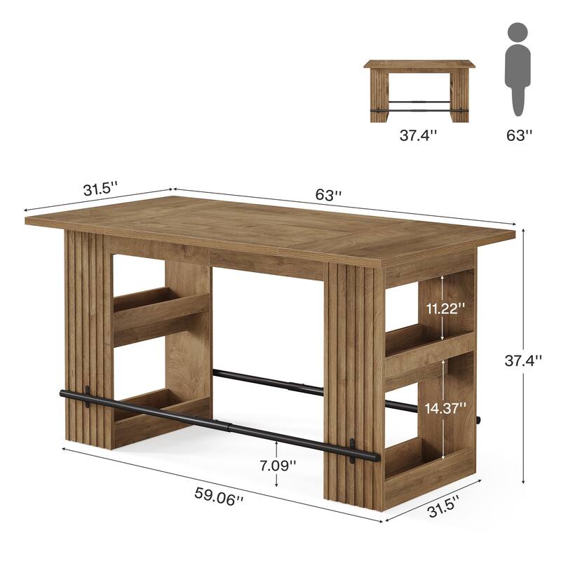 63 Inch Island Table for Kitchen, Kitchen Bar with Dual Side Storage Shelves and Footrest - 62.99" L x 31.5" W x 37.4" H