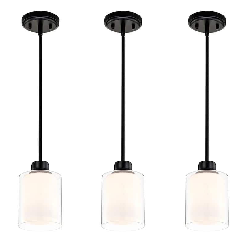 Daley 1-Light Matte Black Double Shaded Mini Pendant Light with Clear Glass and White Glass Shades