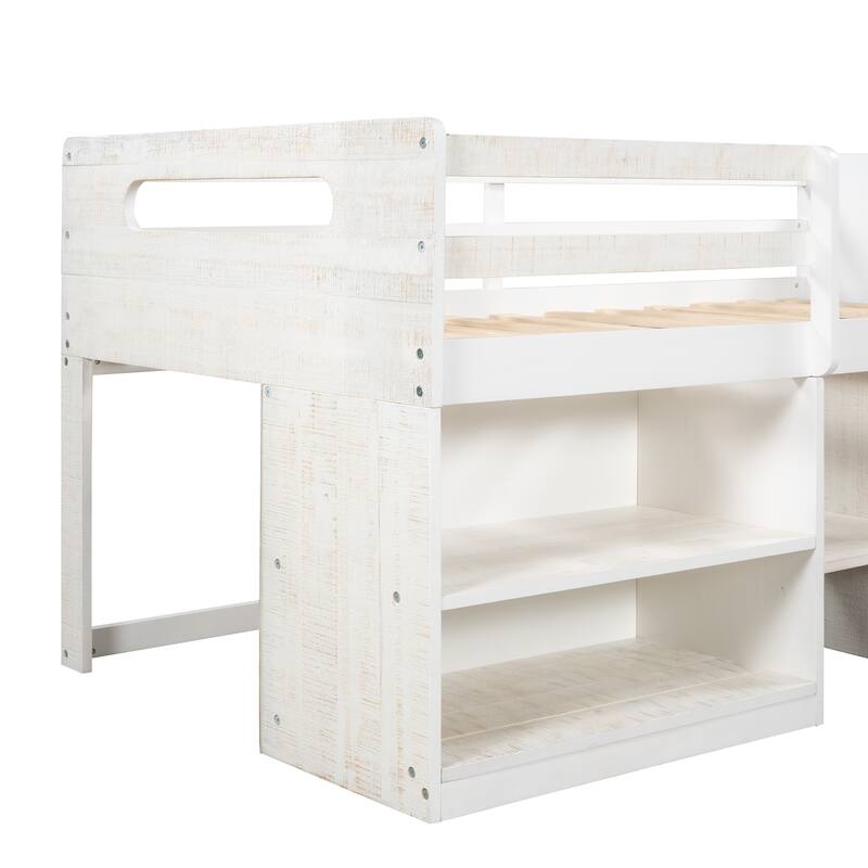 Twin Solid Pine Loft Bed with Shelves, Drawers, and Guardrail
