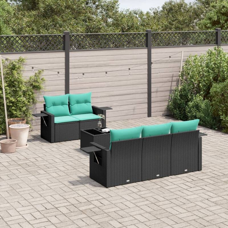 vidaXL 6 Piece Patio Sofa Set with Cushions Black Poly Rattan - 21.7 x 24.4 x 27.2