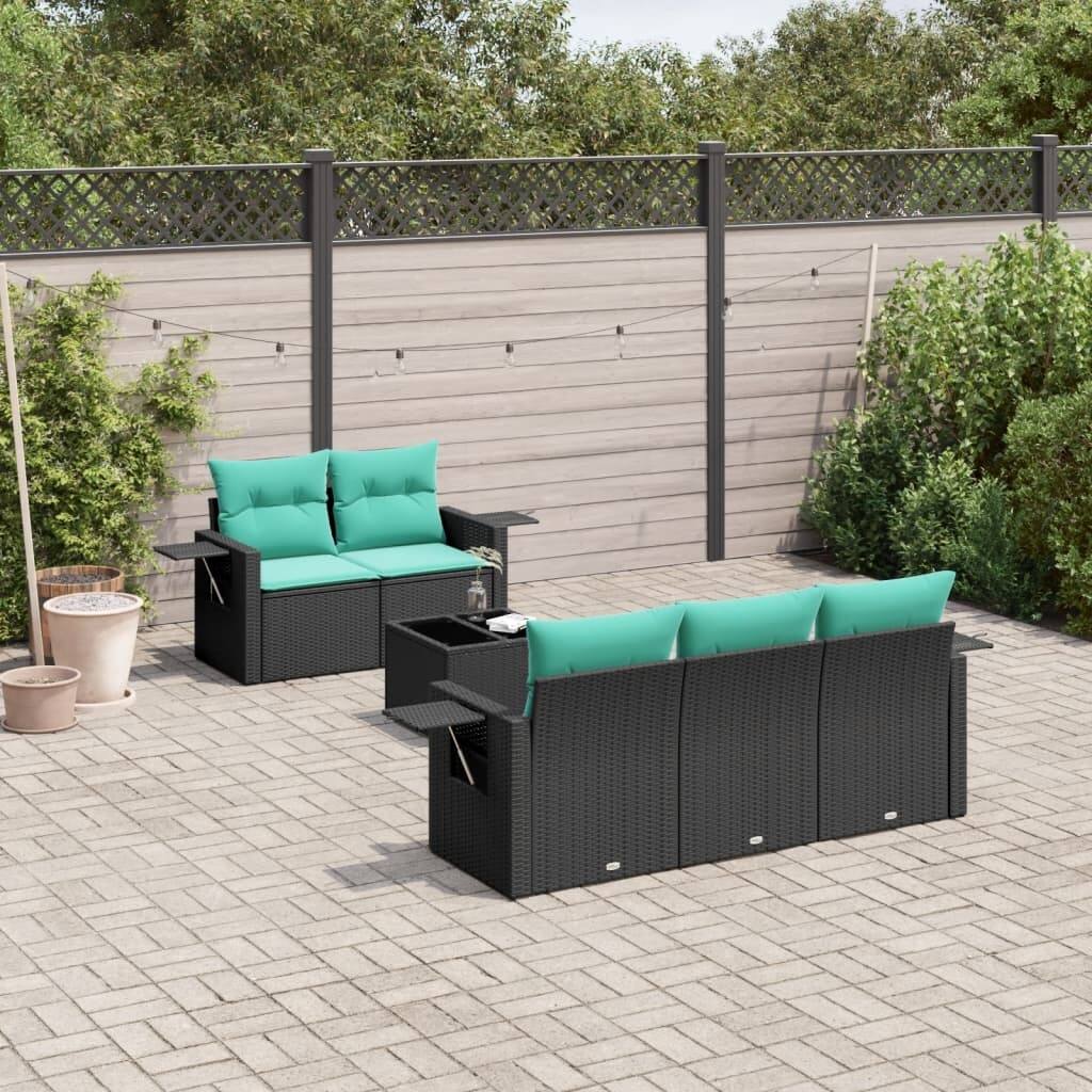 vidaXL 6 Piece Patio Sofa Set with Cushions Black Poly Rattan - 21.7 x 24.4 x 27.2