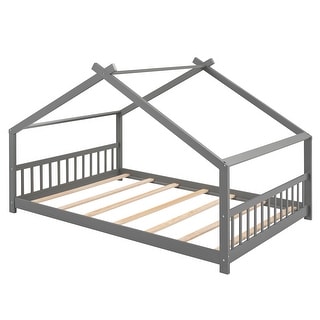 Full Size Wooden House Bed Frame with Headboard & Footboard, Full Kids Bedframe with Roof, Montessori Kids Bed for Boys or Girls