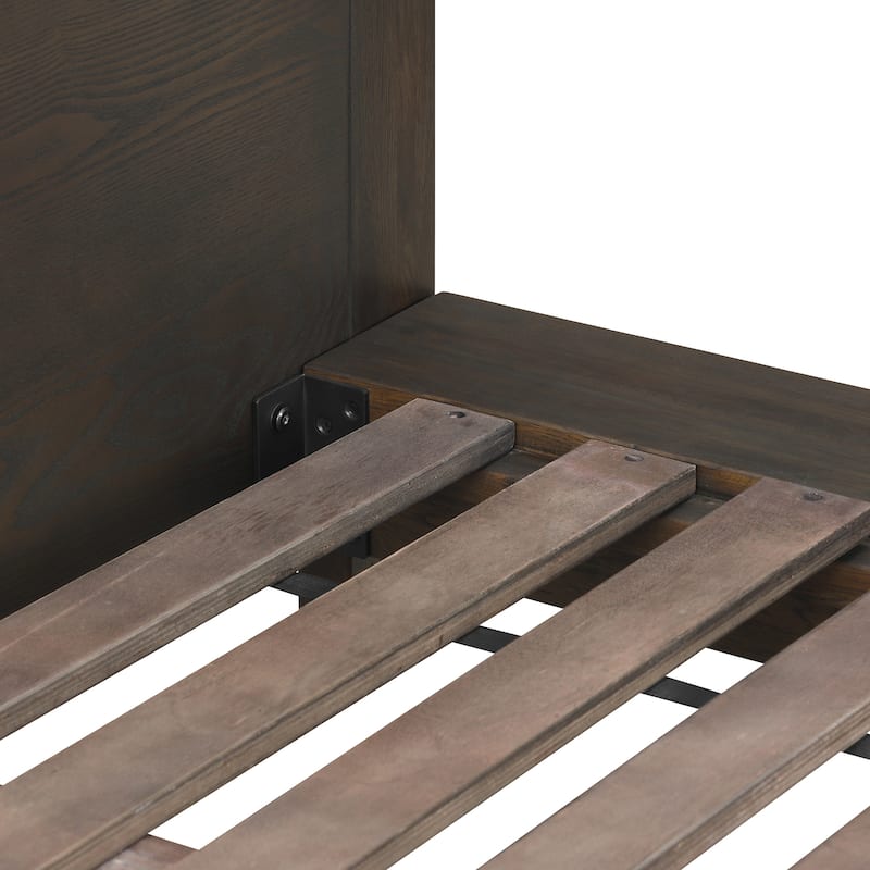 Marquis Platform Bed Frame in Oak Wood with Faux Leather Headboard and Black Metal Legs