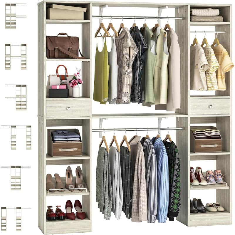 58" W - 90" W Closet System with 3 Hanging Rods and Shelves,Walk in Closet Organizer with 2 Drawers & Shoe Rack,Closet Wardrobe