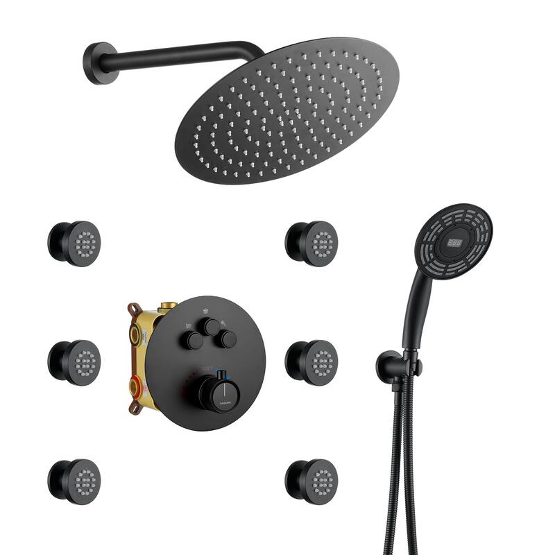 CASAINC Thermostatic Shower Faucet Shower System with 6 Body Jet - Matte Black