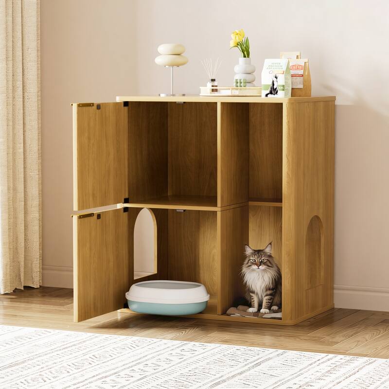 31.5" Walnut Cat Litter Cabinet with Cat Tree, Grooved Concealed Litter Furniture Featuring Dual Cat Doors and Storage Shelves