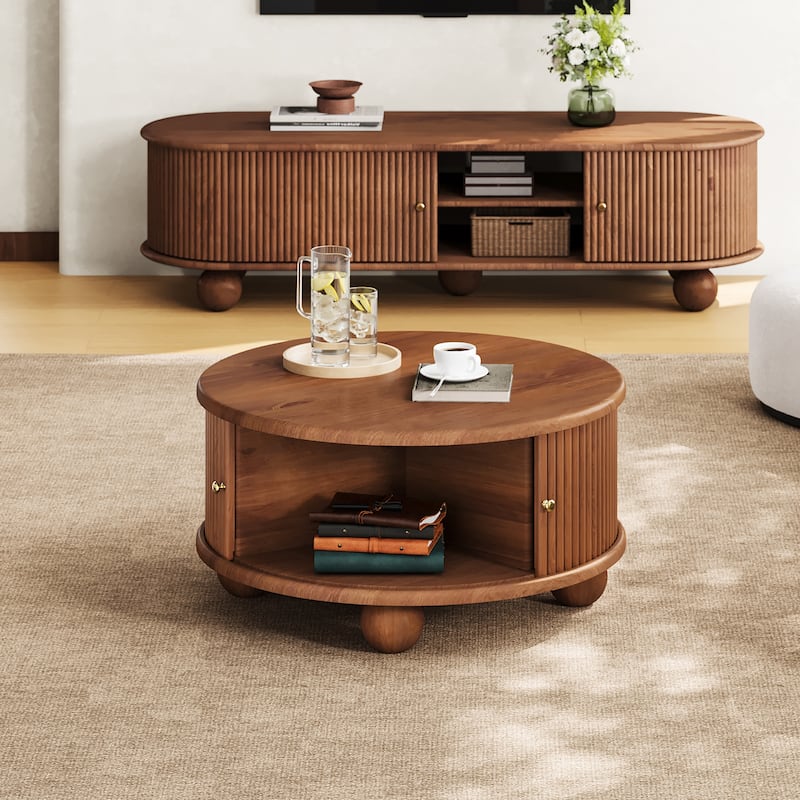 Round Coffee Table with Storage, 31.8" Modern Coffee Table with Sliding Door & Solid Wood Legs, Minimalist Center Table