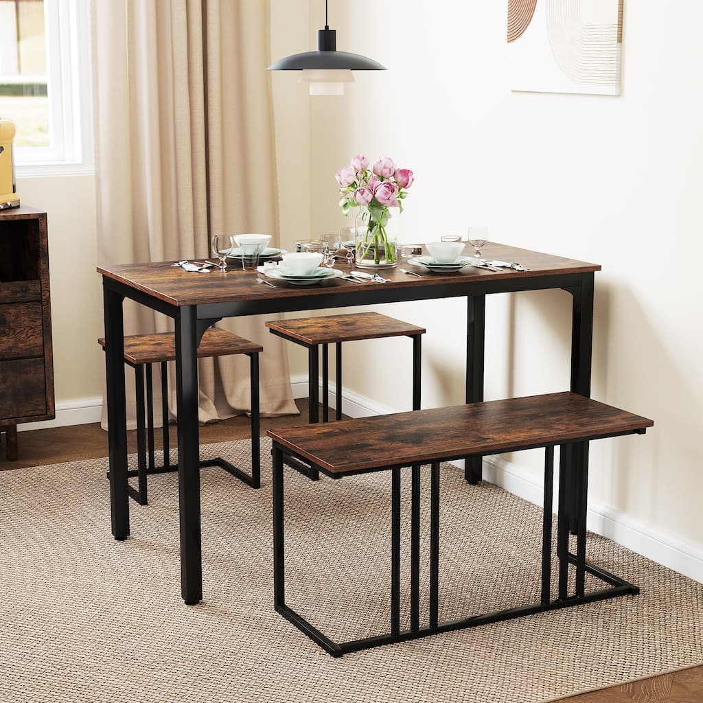 Gymax 4-Piece Dining Table Set Industrial Kitchen Table Set w/ Bench &