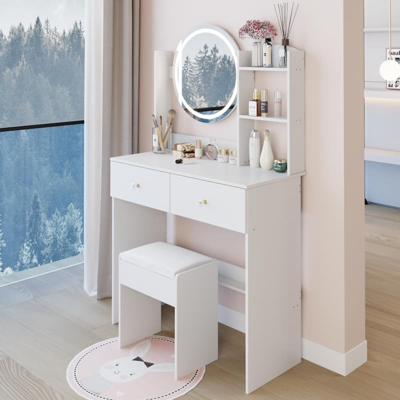 17" Round LED Mirror Vanity Table + Soft Cushion Stool Suit, Large Mirror, Touch Switch, 3 colors, Adjustable Brightness