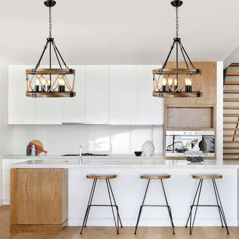 Oaks Aura Wooden Chandelier,Farmhouse Wood Pendant Light,Caged Light Height Adjustable Hanging Lamp for Living Room,Dining Room