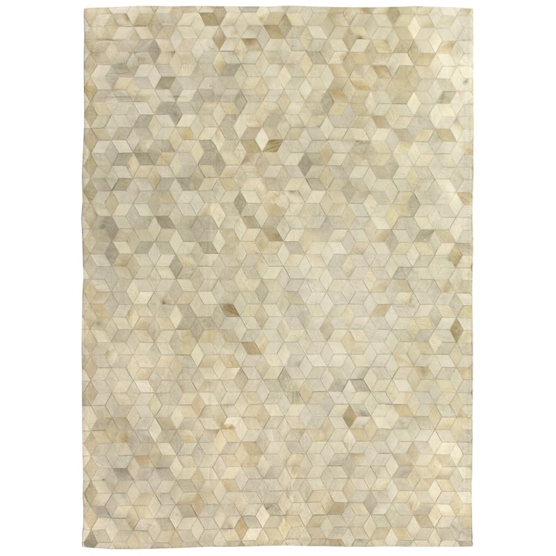 Exquisite Rugs Stitched Blocks Ivory Leather Hair-on-hide Rug (5' X 8'). - 5' x 8'