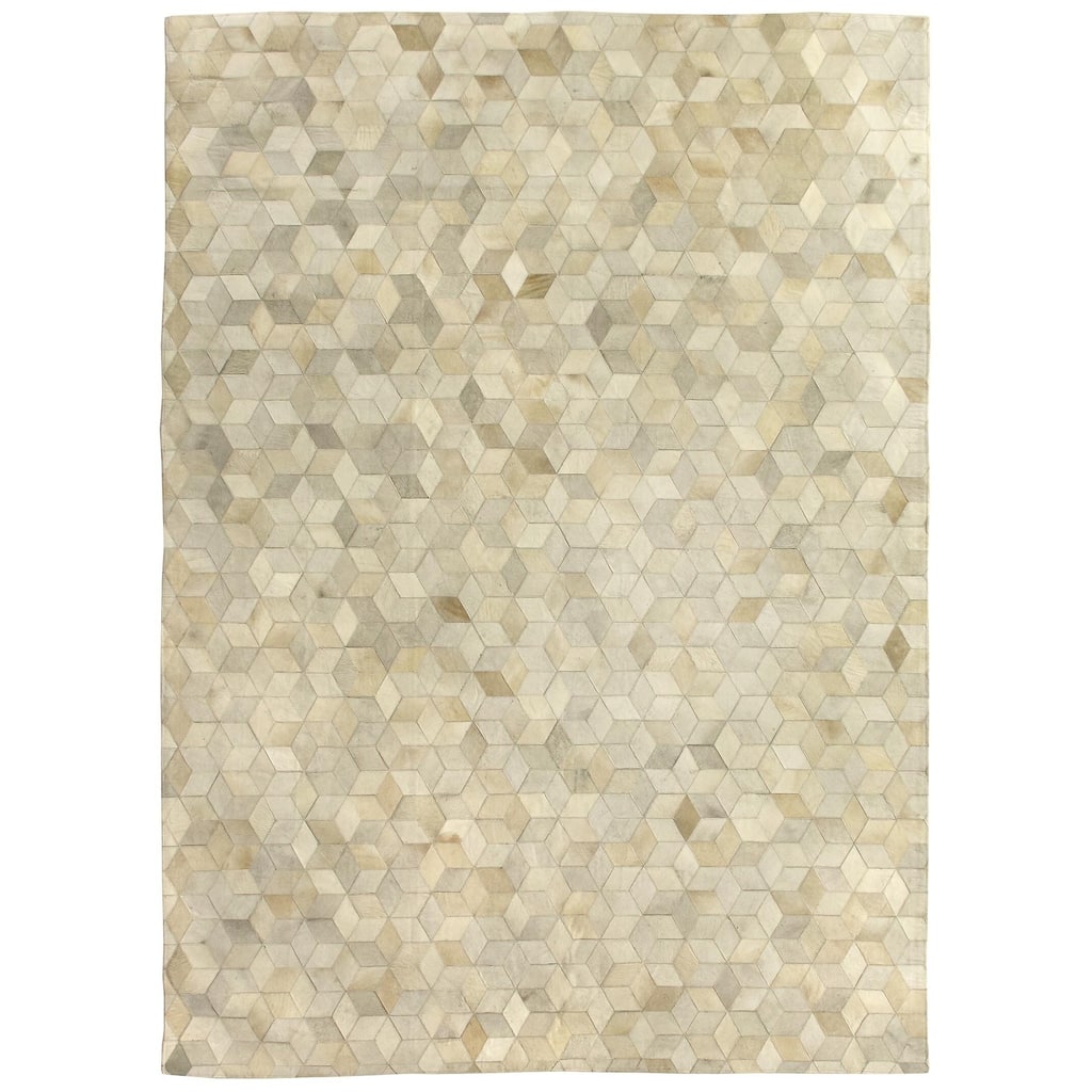 Exquisite Rugs Stitched Blocks Ivory Leather Hair-on-hide Rug (5' X 8'). - 5' x 8'