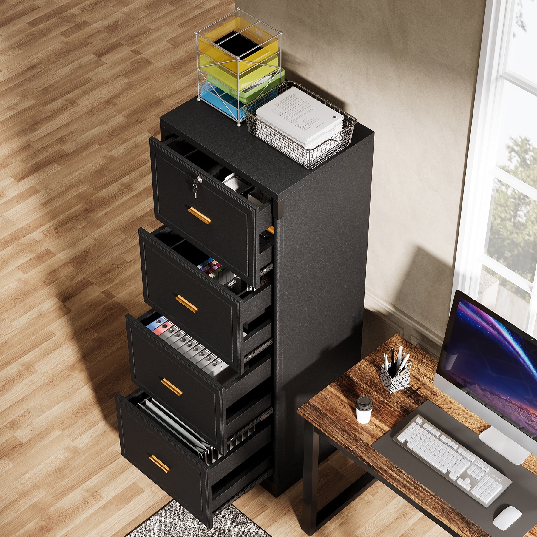 Vertical File Cabinet with 4 Drawers, Lockable Filling Cabinet