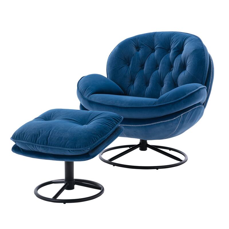 Velvet Swivel Accent Chair with Ottoman & Metal Legs (360° Rotation)