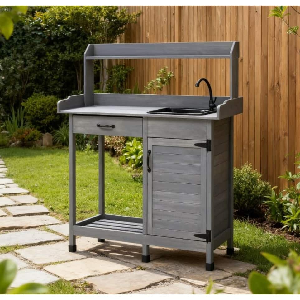 GDFStudio - Harrison Outdoor Potting Work Bench with Integrated Sink and Smart Storage Solution