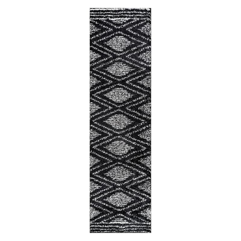 Geometric Shag Area Rug - Durable for Living Room, Bedroom - Polyester with Jute Backing - Anthracite Dark Gray and White