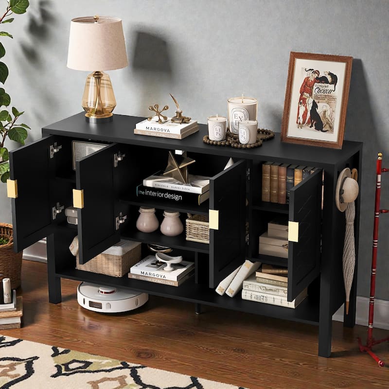 55.1" Modern Sideboard Buffet Cabinet with 4 Doors, Open Shelf, Adjustable Shelves & Side Hooks for Living Room or Dining