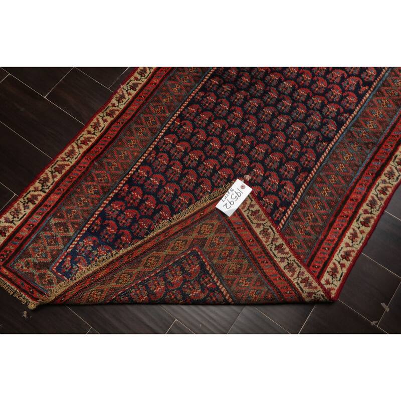 Antique Kerman Traditional Boteh 3'x17'7'' Hand Knotted Wool Navy low pile all over Rug - 3' x 17' 7''