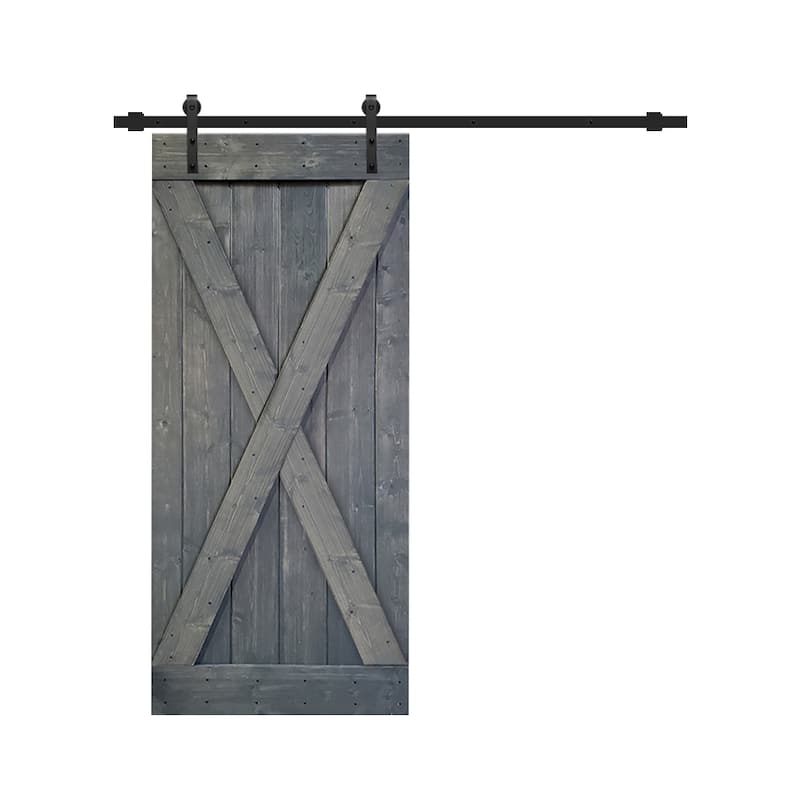36 in x 84 in Gray Stained X Style Wood Barn Door w/ Sliding Hardware ...