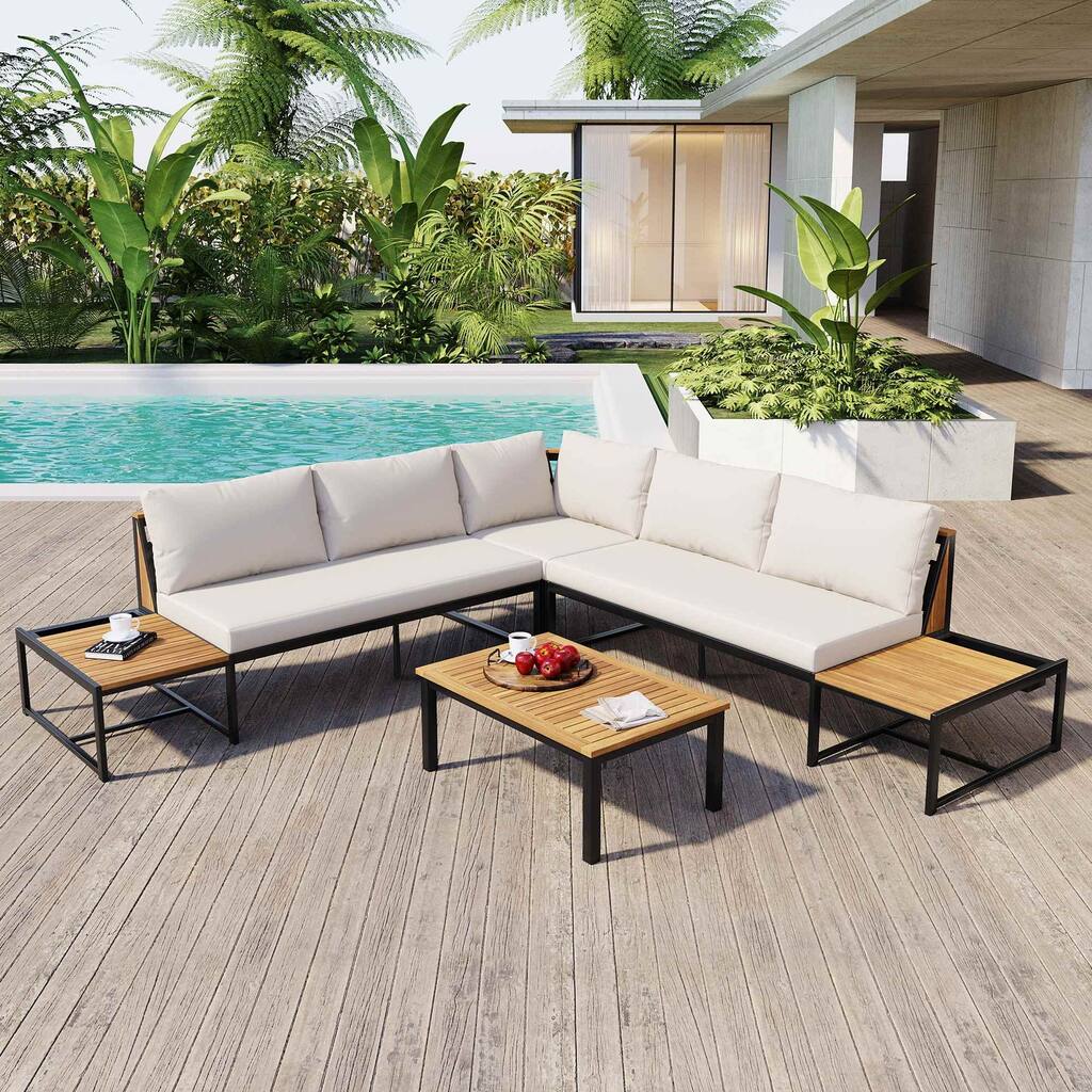 4-Piece Iron-Wood Patio Sofa Set with Waterproof Cushions