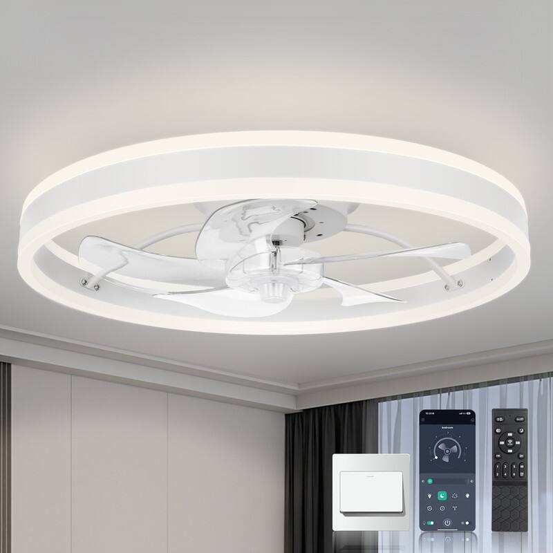 20 in. LED Indoor Black Low Profile Flush Mount Ceiling Fan with Light Remote Control for Bedroom, Small Room - White-Up and down glow