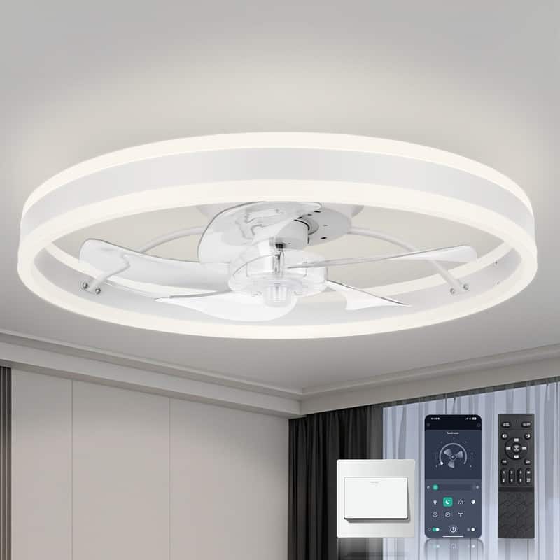 20 in. LED Indoor Black Low Profile Flush Mount Ceiling Fan with Light Remote Control for Bedroom, Small Room