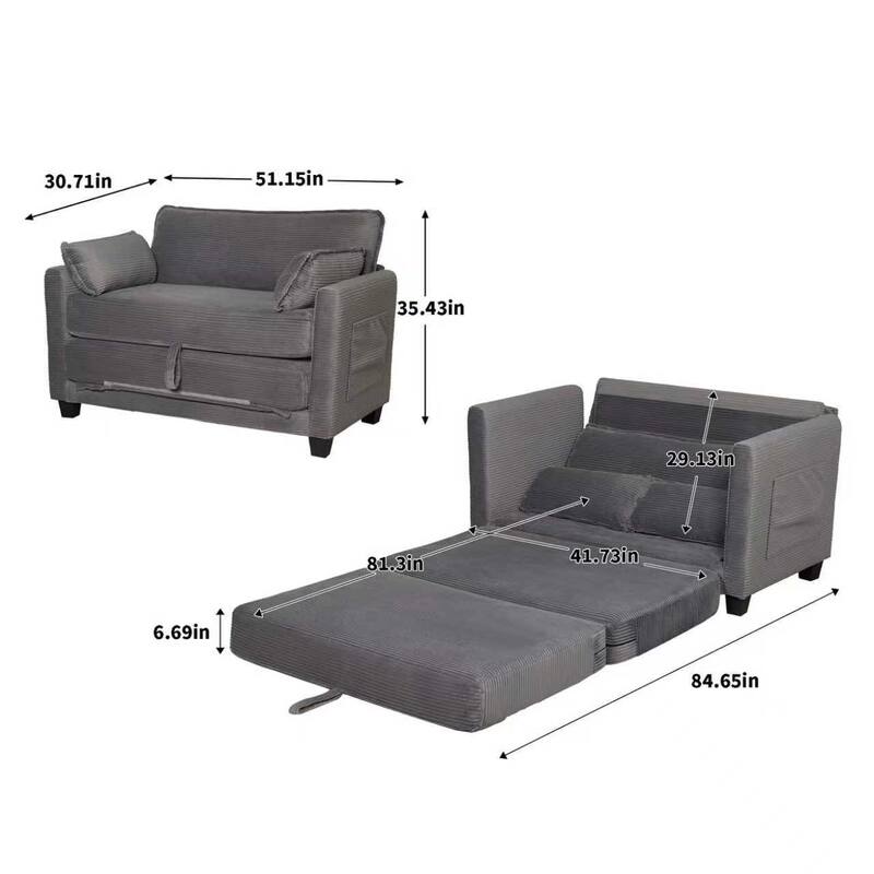 2-in-1 Convertible Corduroy Sofa Bed 51" Small Sofa, 2-Seater Loveseat Sleeper Couch with Side Storage